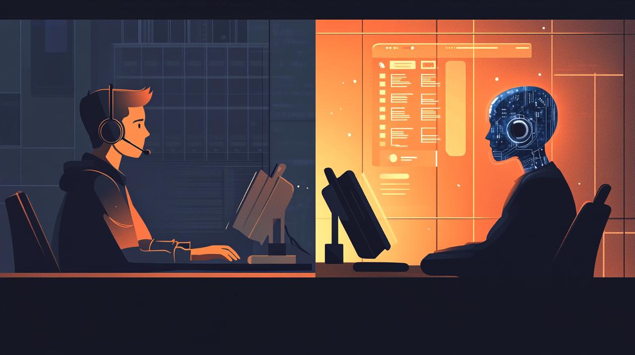 Split illustration comparing a human receptionist with headset on the left and an AI agent on the right, both at desks handling calls