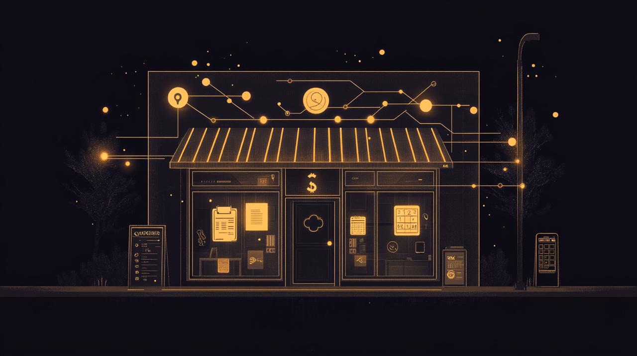 Illustration of a small business storefront connected to glowing AI neural network nodes with icons for phone, calendar, and payments