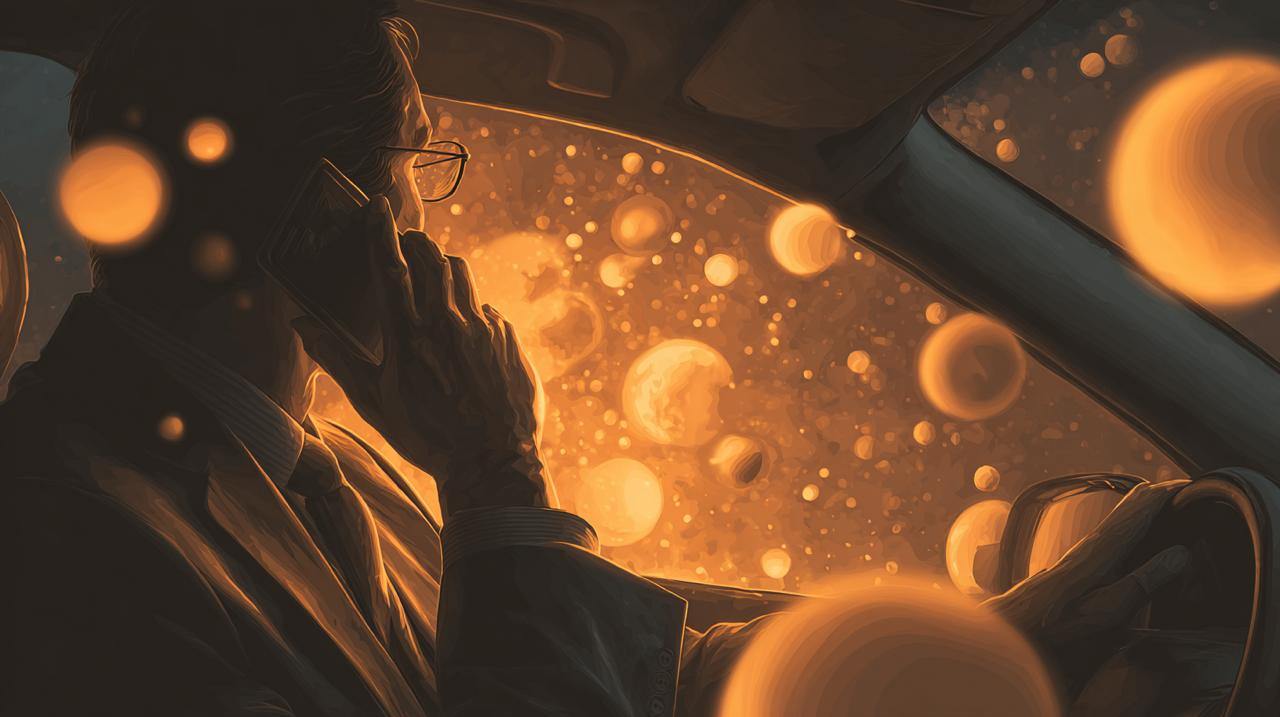 Illustration of a contractor on the phone in a truck watching glowing orbs of missed leads floating away through the windshield